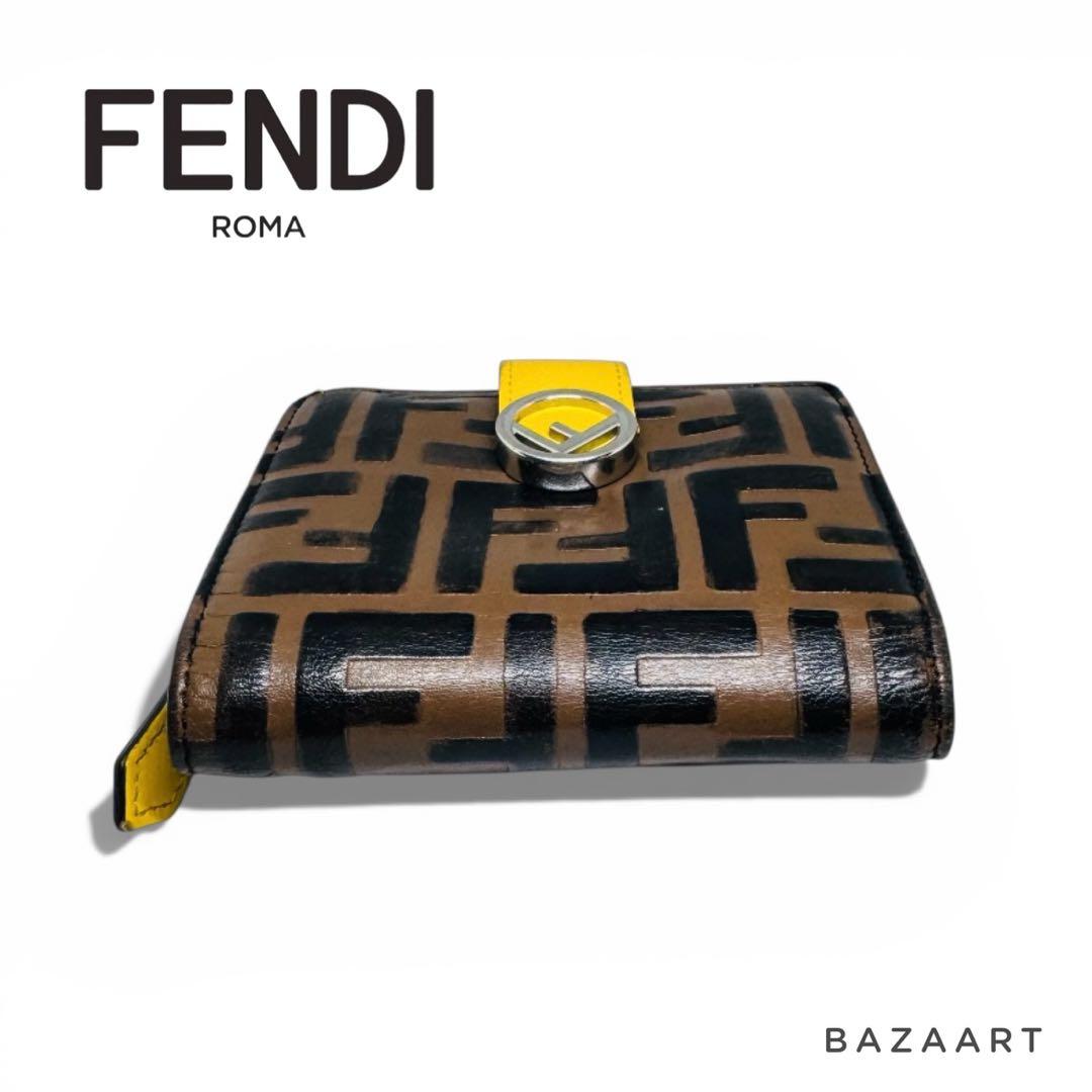 FENDI フェンディ 二つ折り財布 FFロゴ ズッカ レザー 黄色 イエロー