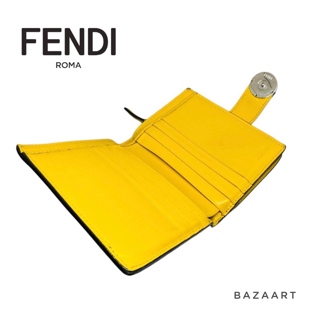 FENDI フェンディ 二つ折り財布 FFロゴ ズッカ レザー 黄色 イエロー