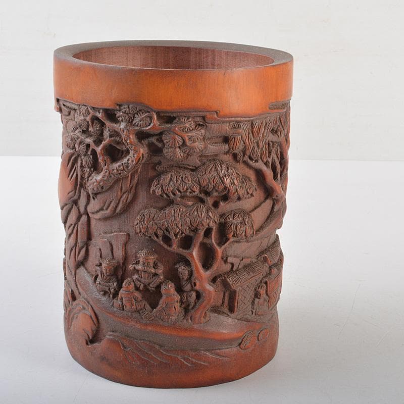 中国　乾隆御題　古竹彫刻　漢詩山水人物雕　筆筒　C　R7140E