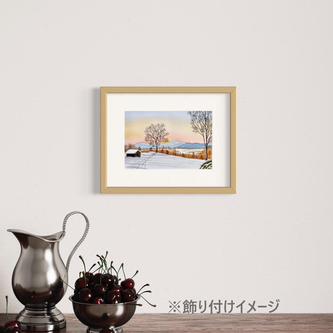透明水彩画　原画　「雪景色・穏やかな朝」額縁付　SMサイズ　風景画