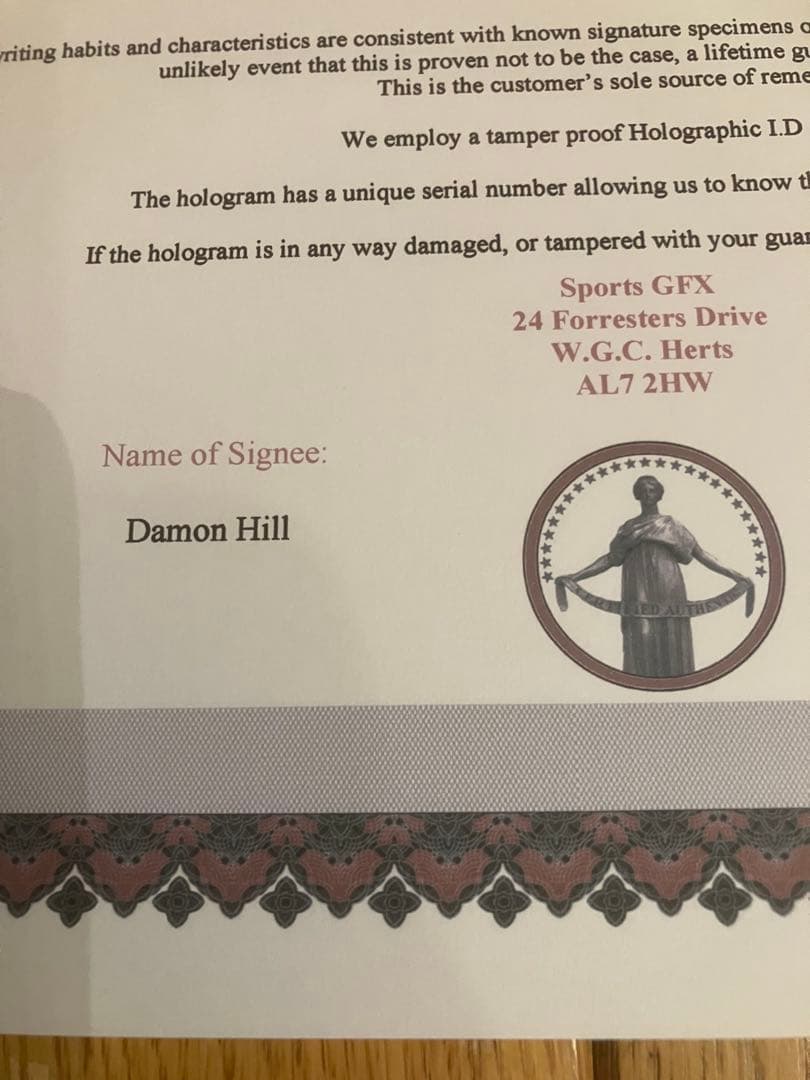 デーモン　ヒル　ウィリアムズルノー　直筆サイン　証明書付き　1995 FW17