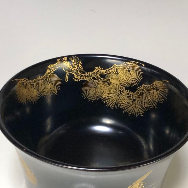 木製漆器沈金松双鶴皿付き盃洗
