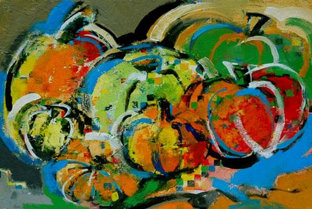 油絵 菅家令子インテリア 額付(青緑＋金色の枠) uF6-061303 かぼちゃ