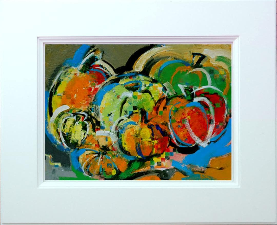 油絵 菅家令子インテリア 額付(青緑＋金色の枠) uF6-061303 かぼちゃ