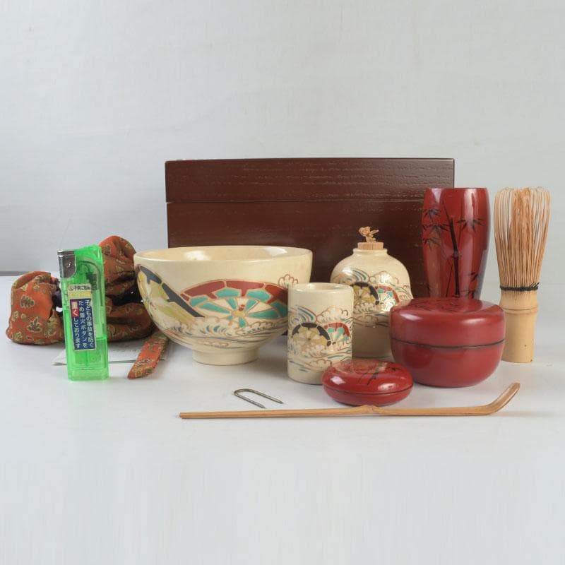 茶道具　利休茶箱　京焼　加藤昌山作　茶碗　振出など　八点一式　仕覆付　M9579