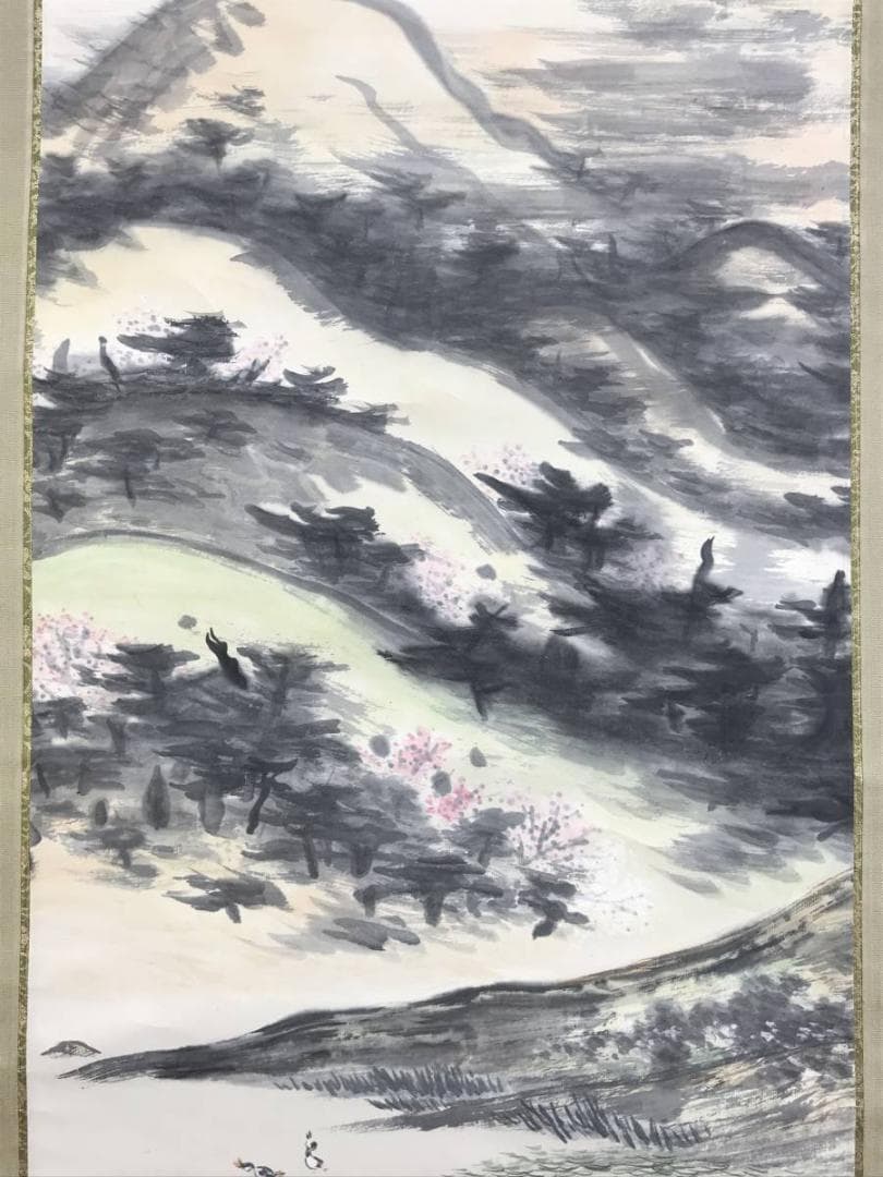 【真作】矢野鉄山/矢野鐵山/春景朝爽/山水図/掛軸/名家伝来/AD-910