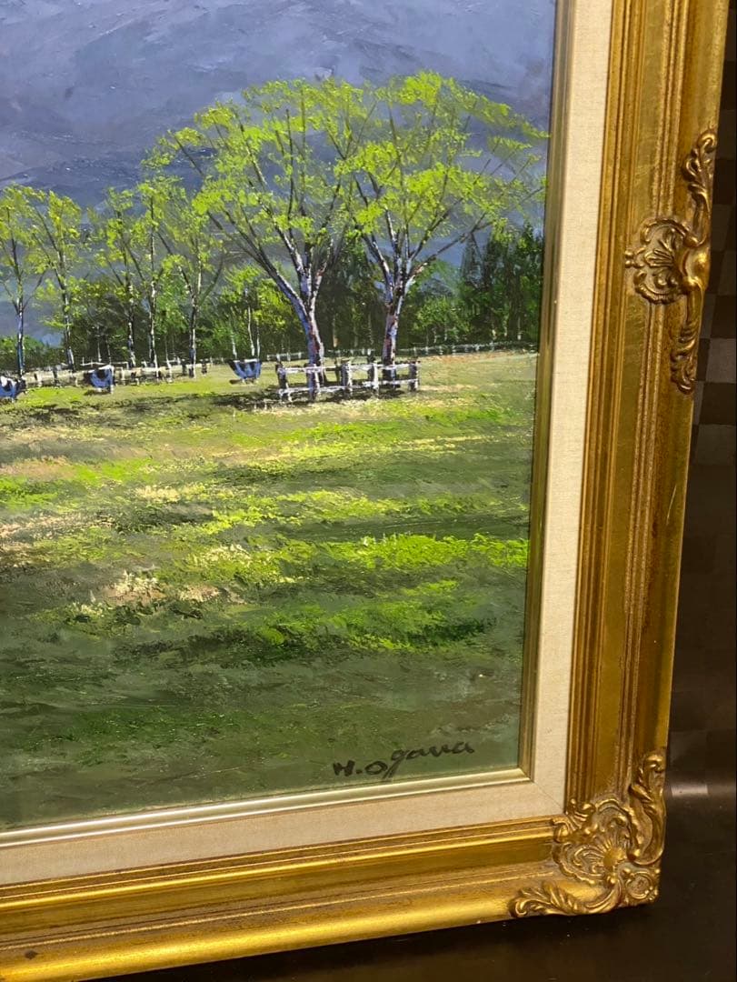 風景画 油彩画　小川久雄　【八ヶ岳牧場】　F20号　油絵　大型　額縁　額装