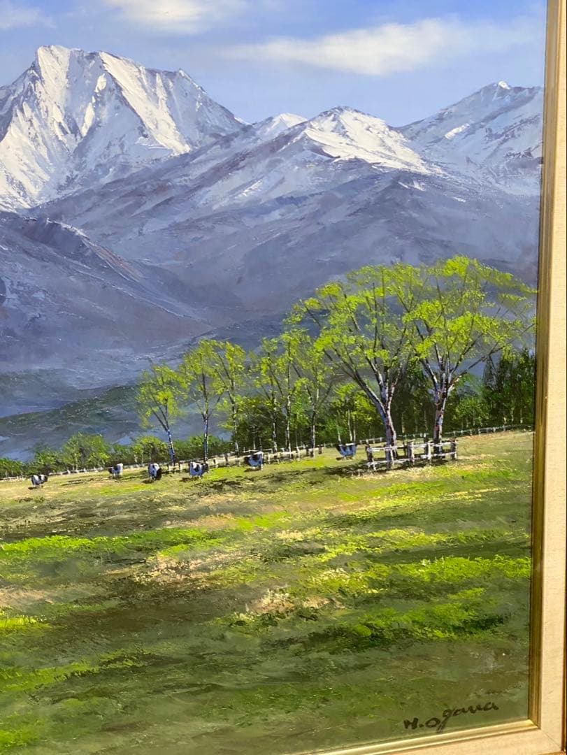 風景画 油彩画　小川久雄　【八ヶ岳牧場】　F20号　油絵　大型　額縁　額装