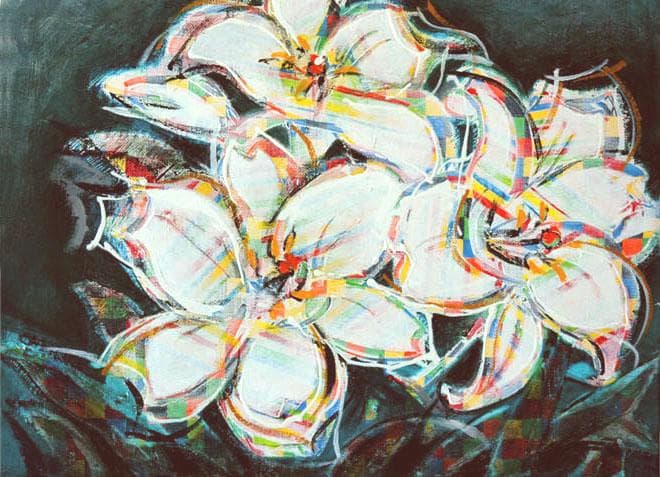 油絵 菅家令子 絵 絵画インテリア額付(青緑＋金色の枠)F4-091316 ゆり