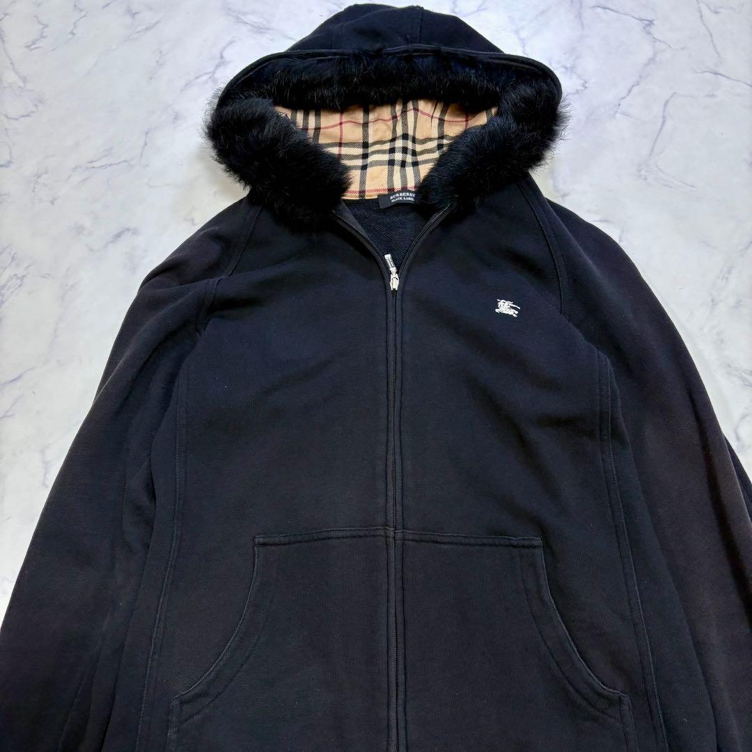 バーバリー ブラックレーベル ノバチェックフード付きジップパーカー L相当 黒