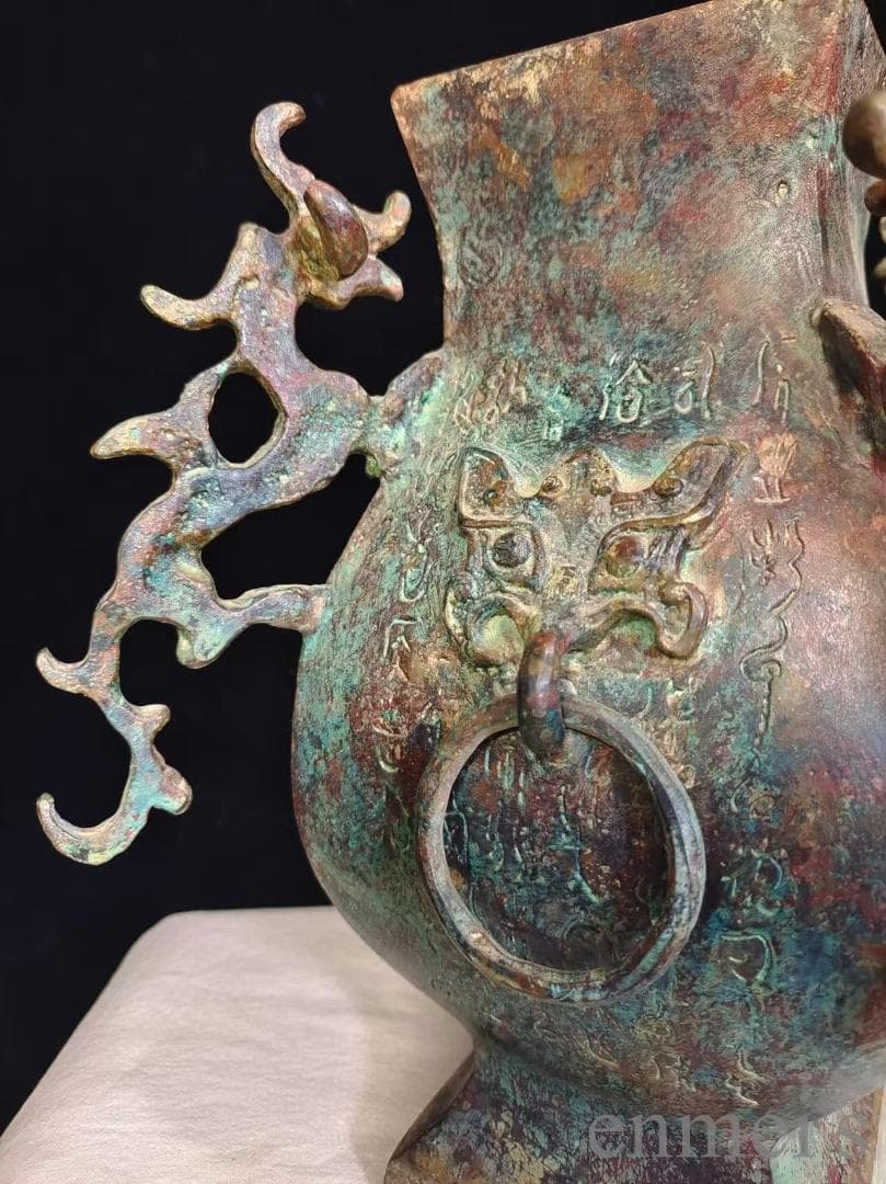 中国古美術【中山王方壺】青銅器 銘文 重器 礼器 酒具 純銅製 高浮彫 文房置物