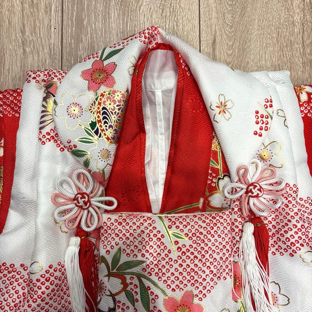 七五三女の子着物9点セット★3歳着物被布草履★赤色着物★白色被布コート★足袋巾着
