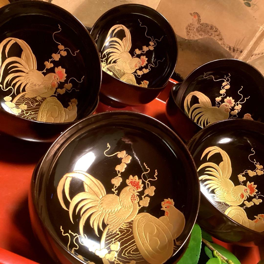 A914 木製輪島塗　潤み色　隠し絵蒔絵　閑古鳥蒔絵　鶏　5客