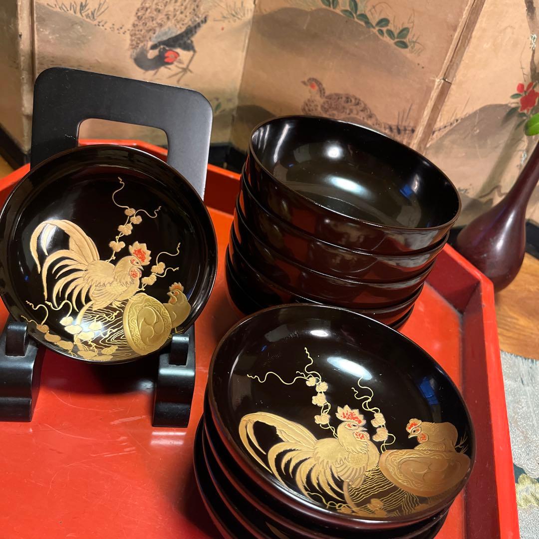 A914 木製輪島塗　潤み色　隠し絵蒔絵　閑古鳥蒔絵　鶏　5客