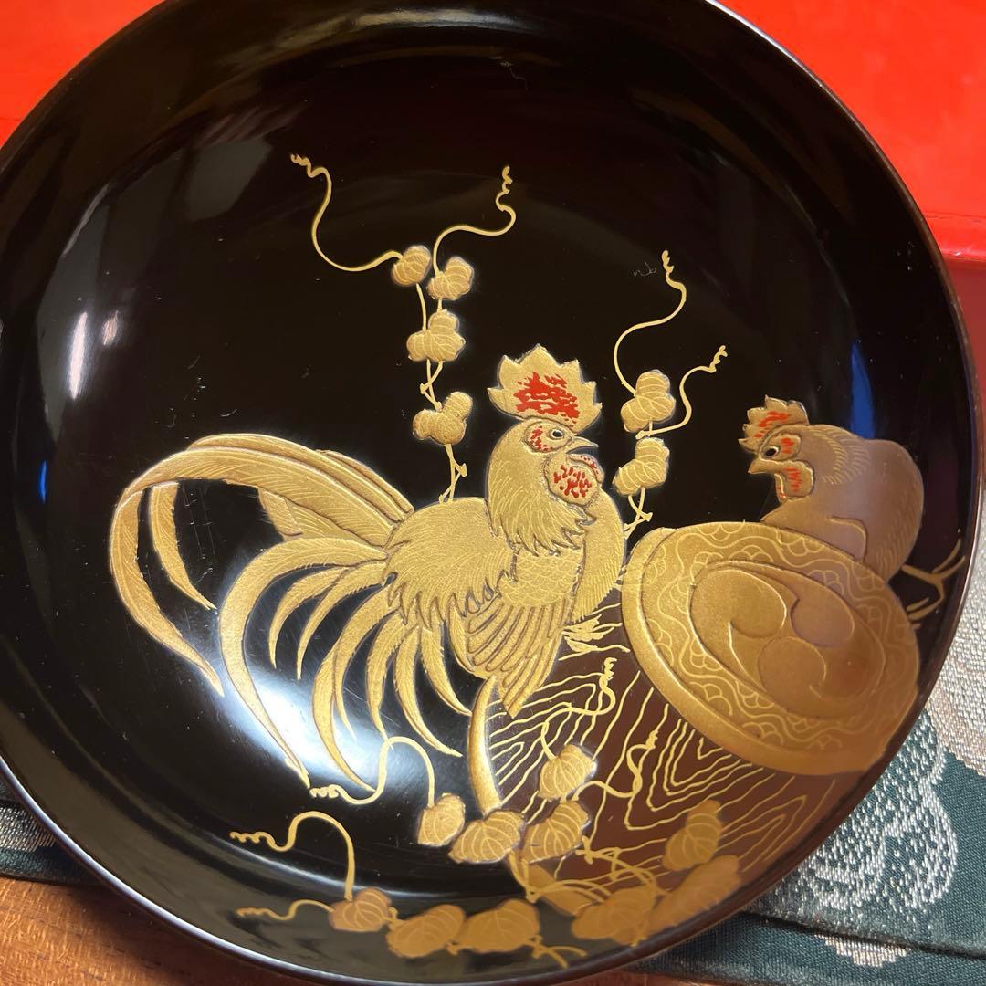 A914 木製輪島塗　潤み色　隠し絵蒔絵　閑古鳥蒔絵　鶏　5客