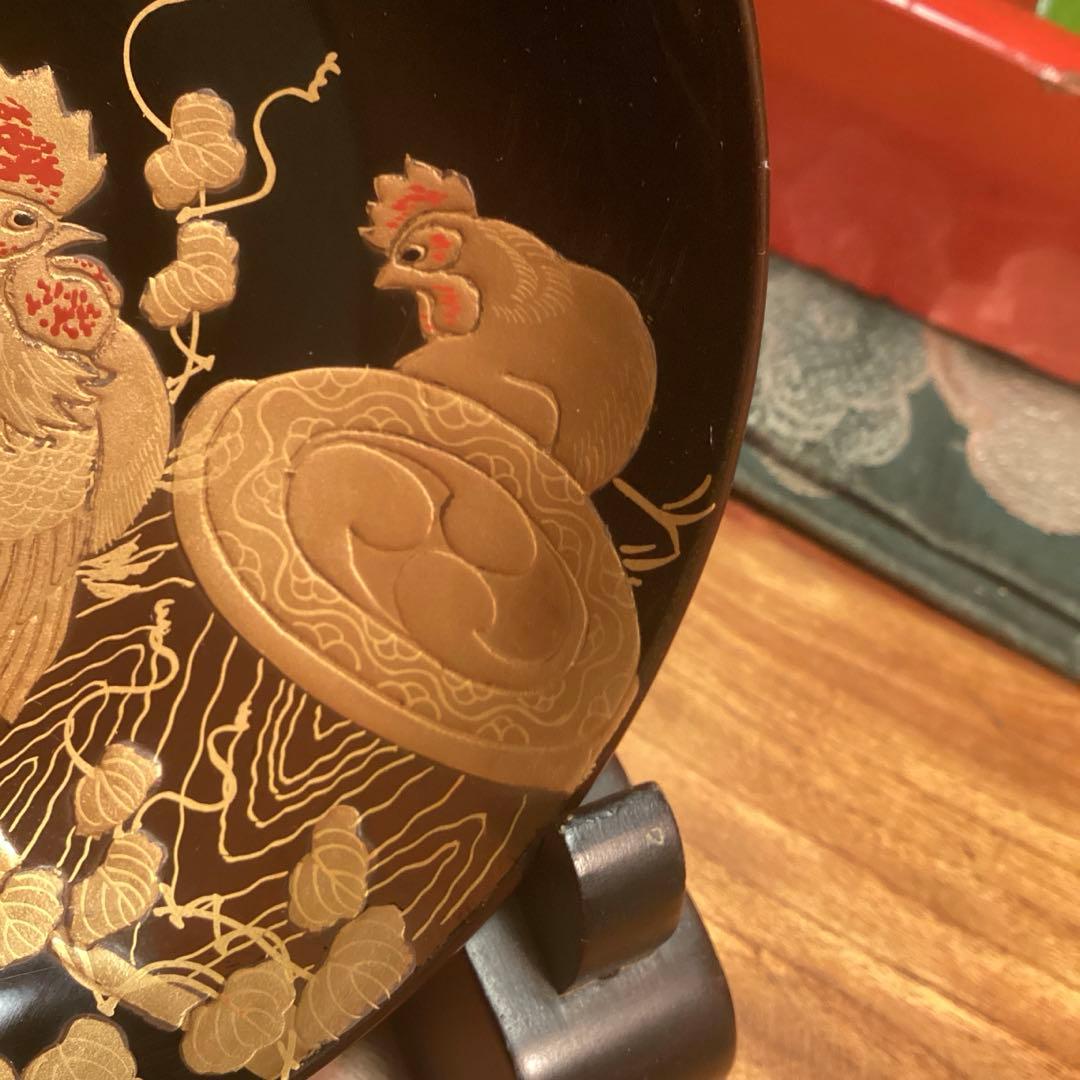 A914 木製輪島塗　潤み色　隠し絵蒔絵　閑古鳥蒔絵　鶏　5客