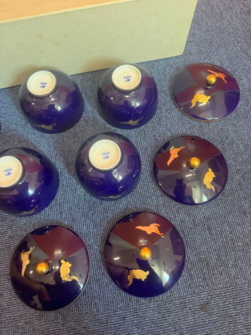 1882 香蘭社　瑠璃鶴亀　湯呑蓋付　5客　金彩　未使用