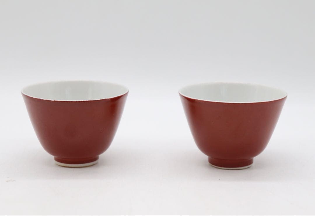 江戸　古清水　紅釉小杯ペア　亀水作　高級茶器　殻手　送料込み250819