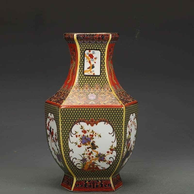 金花鳥六方瓶 景徳鎮 花瓶 琺瑯彩パステル磁器 現代工芸品 美術品 装飾品