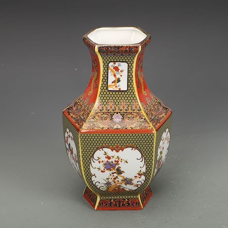 金花鳥六方瓶 景徳鎮 花瓶 琺瑯彩パステル磁器 現代工芸品 美術品 装飾品