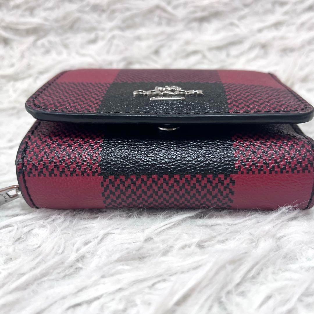 【美品】COACH コーチ 格子柄 三つ折り財布 コンパクトウォレット 赤×黒