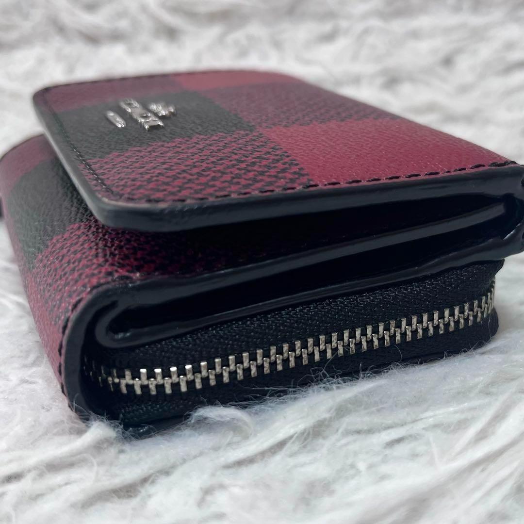 【美品】COACH コーチ 格子柄 三つ折り財布 コンパクトウォレット 赤×黒