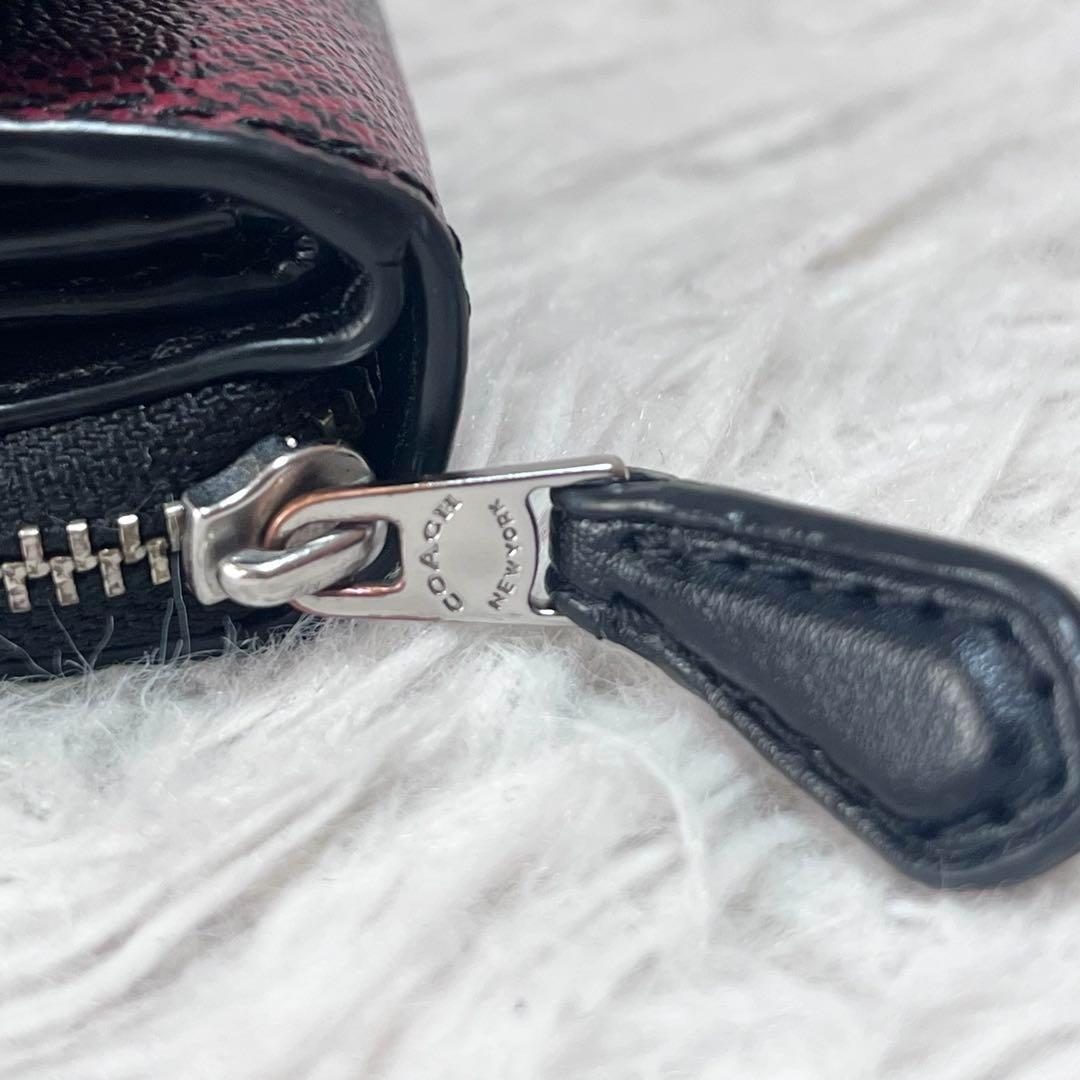 【美品】COACH コーチ 格子柄 三つ折り財布 コンパクトウォレット 赤×黒