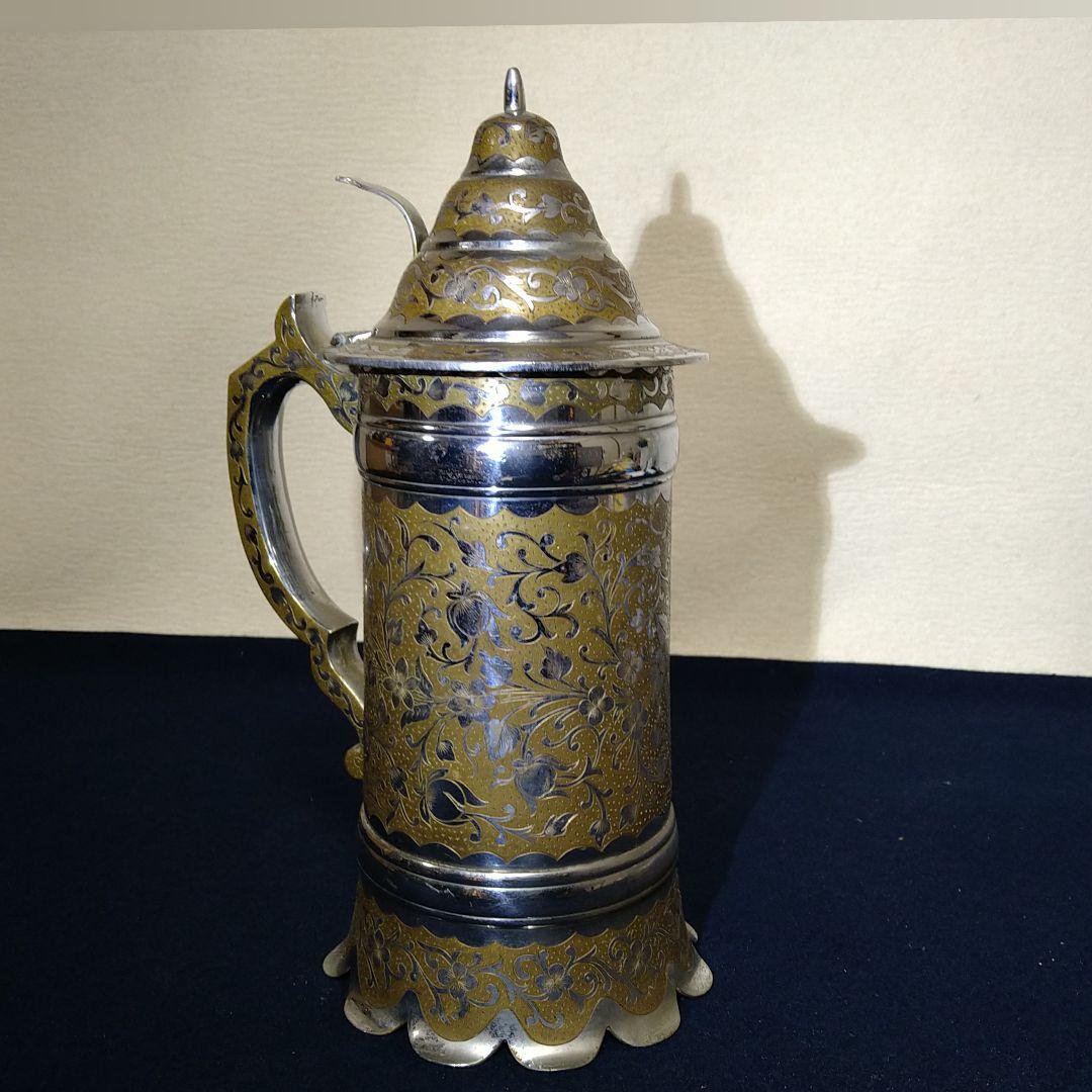 A968 銀製彫金オルゴール 稼働 ピッチャー形【ビンテージ】インド彫金 置物