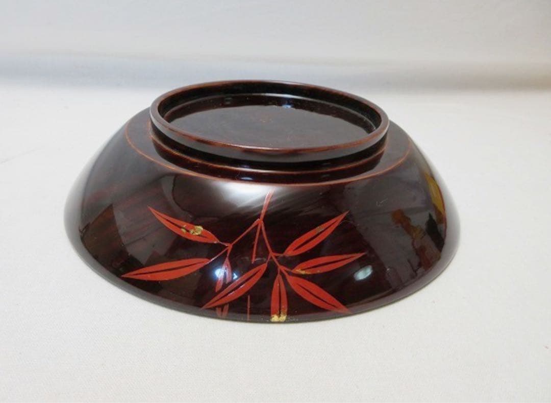 未使用 茶道具 服部俊夫造 松溜塗朱竹蒔絵 銘々皿 5客揃 底サイン 共箱