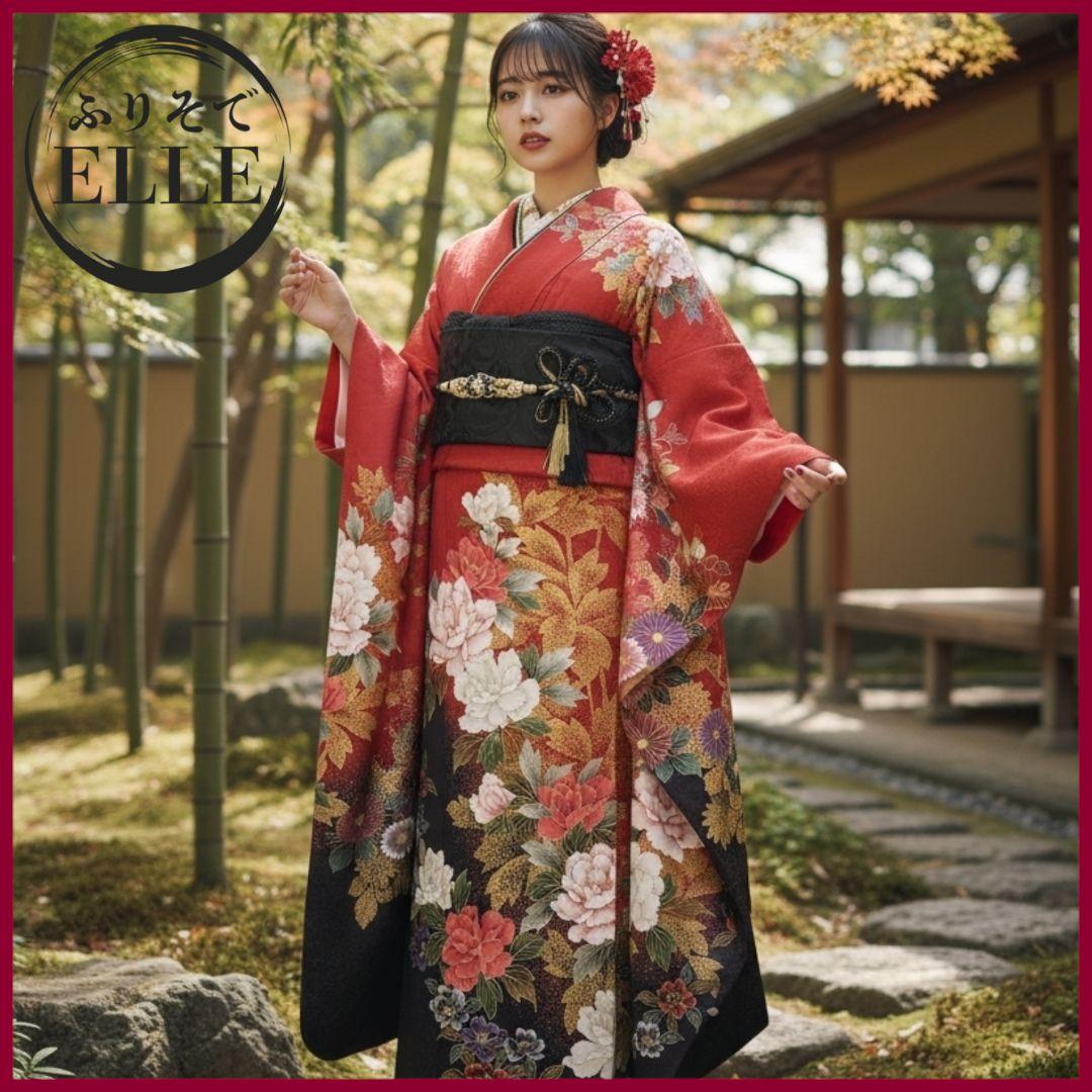 振袖フルセット(7点)・成人式・さがみ誂製・大輪牡丹・金銀彩加工・モダン・正絹