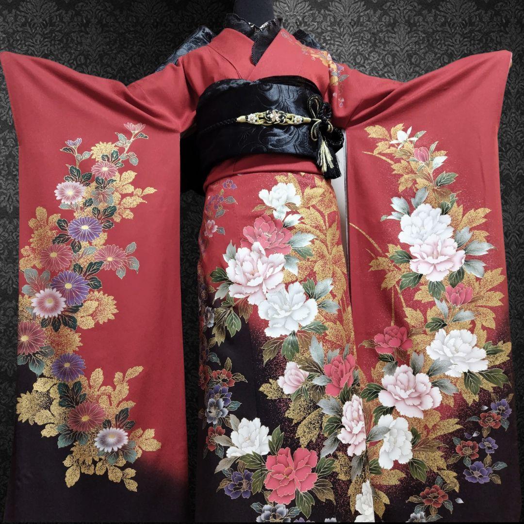 振袖フルセット(7点)・成人式・さがみ誂製・大輪牡丹・金銀彩加工・モダン・正絹