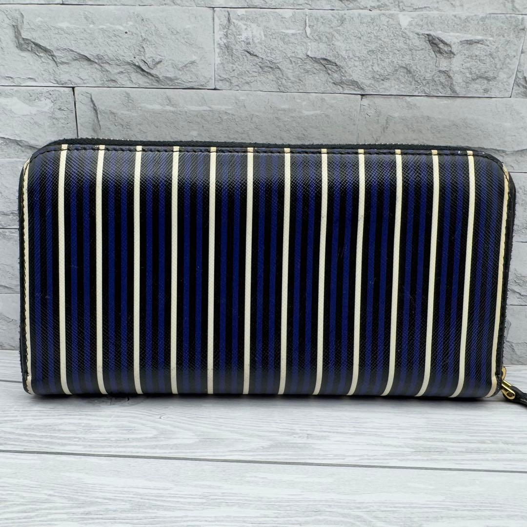 【激レア・美品】プラダ　ラウンドファスナー　三角ロゴ　サフィアーノ　ストライプ