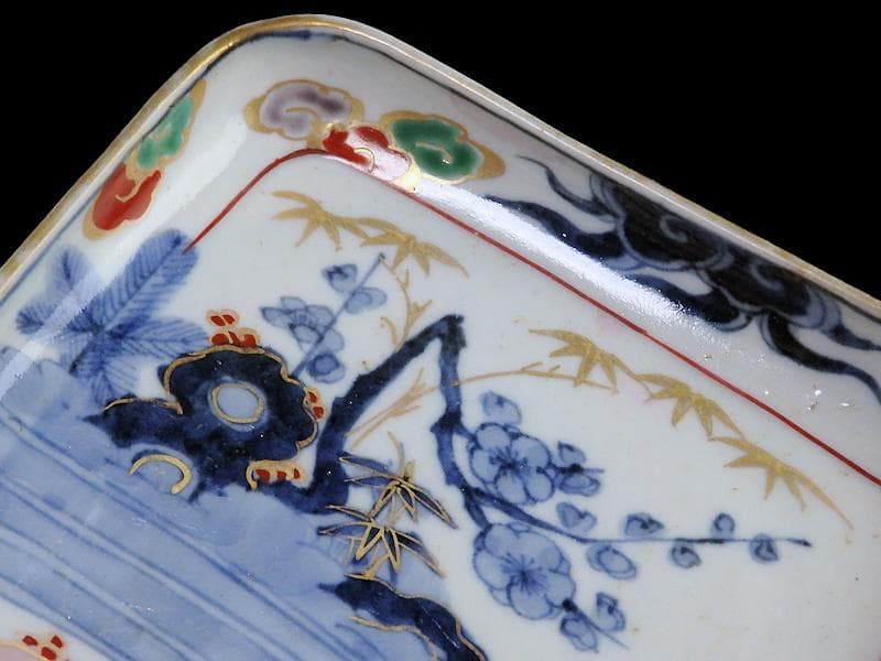 古伊万里　染錦　山水に松竹梅の図　角皿　F064AS-CQu