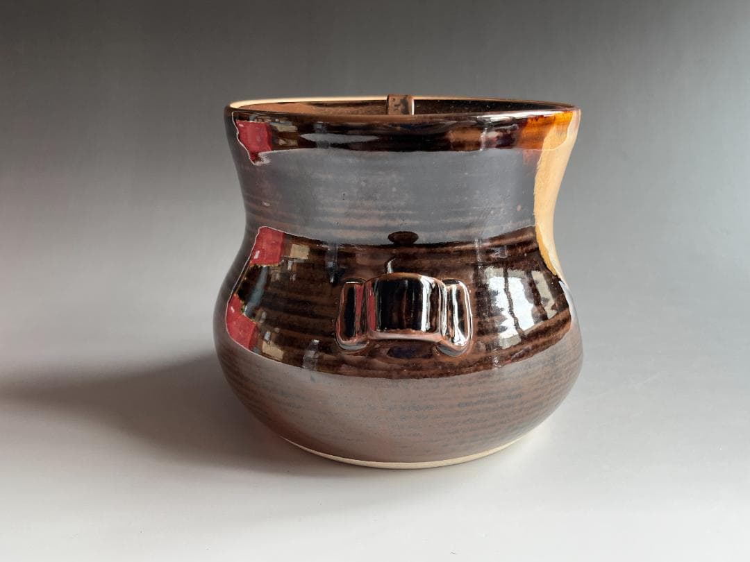 げんじょー　陽炎園　膳所焼　下耳付水指　尋牛斎書付