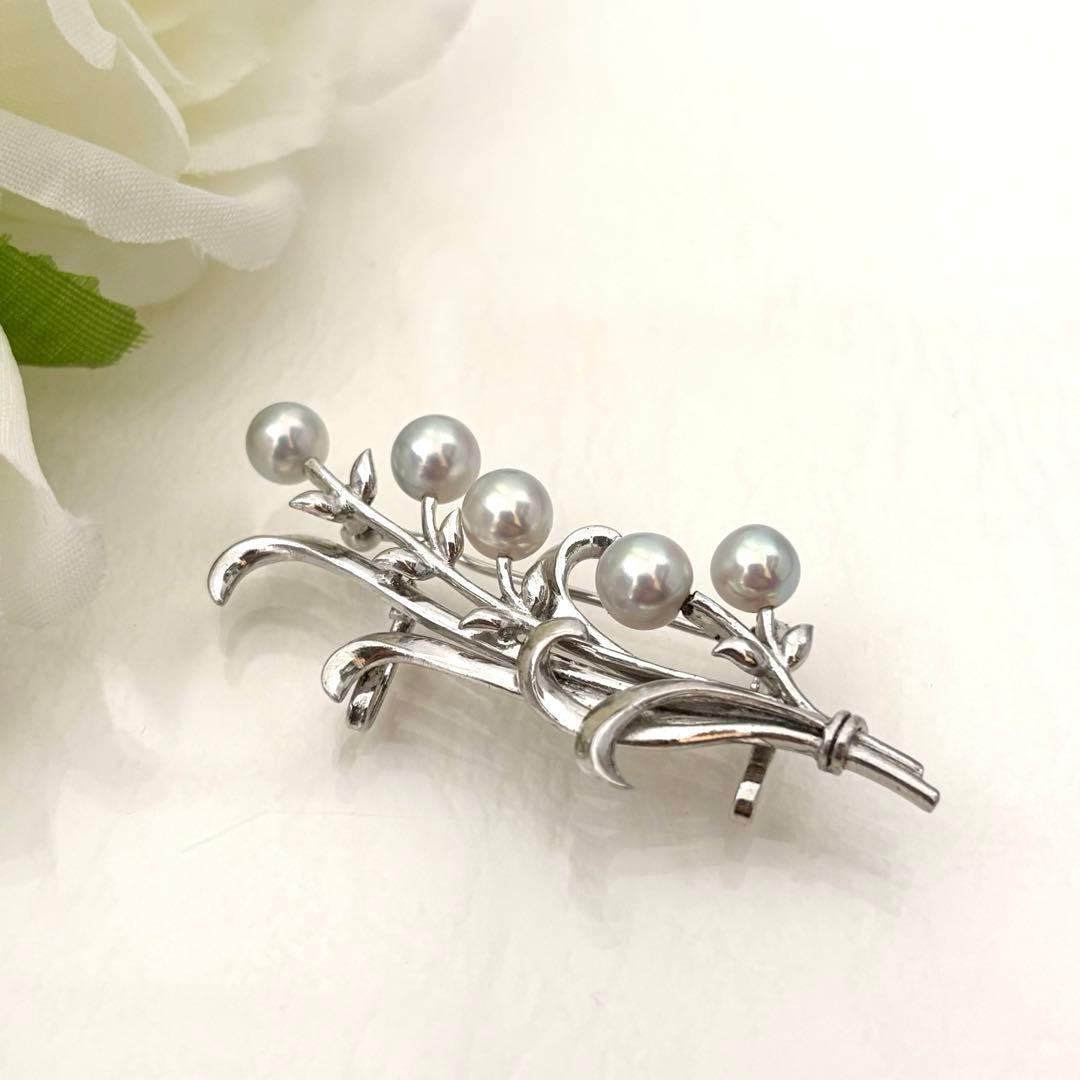 380【ミキモト】シルバー　パール　ブローチ　帯留め
