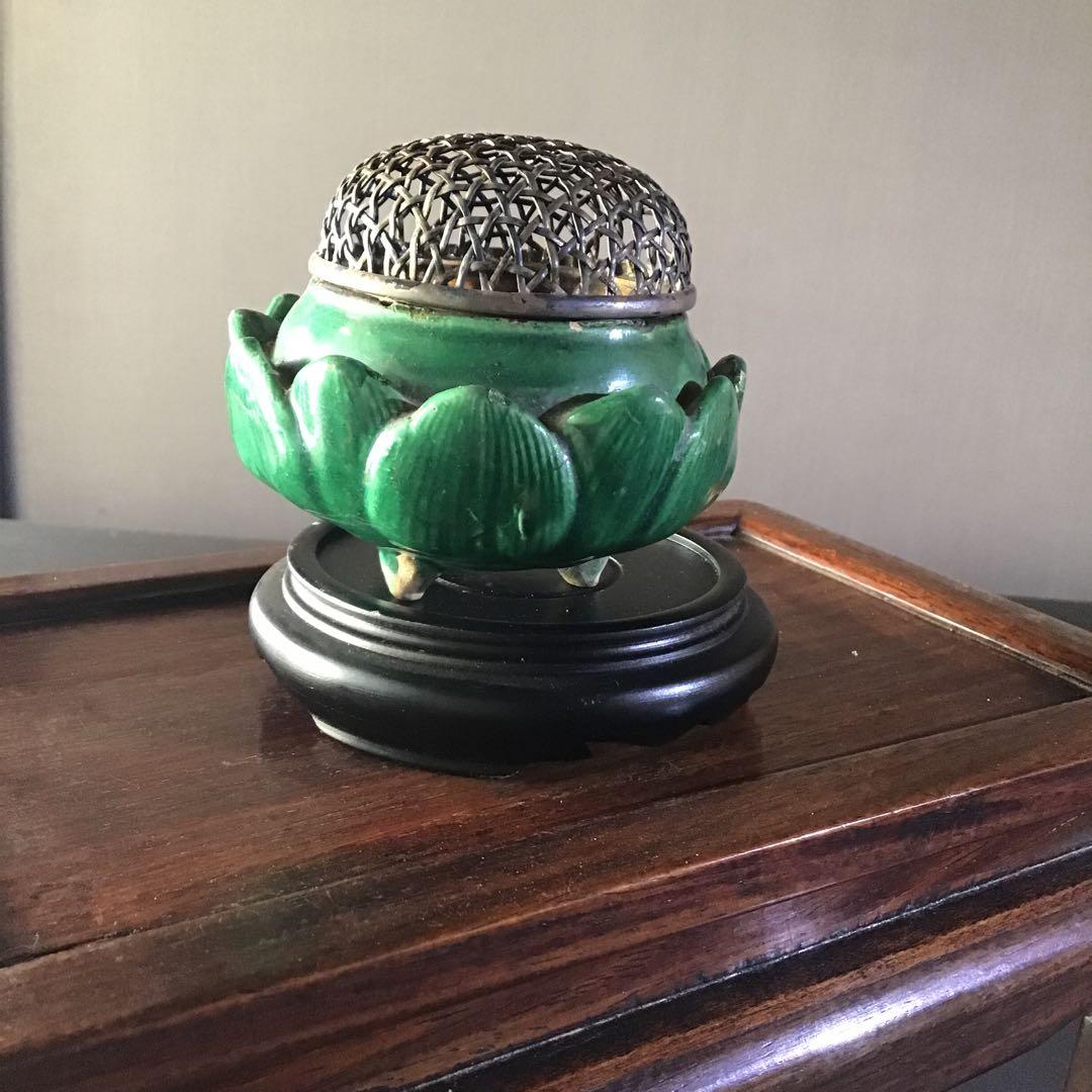 緑秞花弁　銀火屋　香炉　明朝期