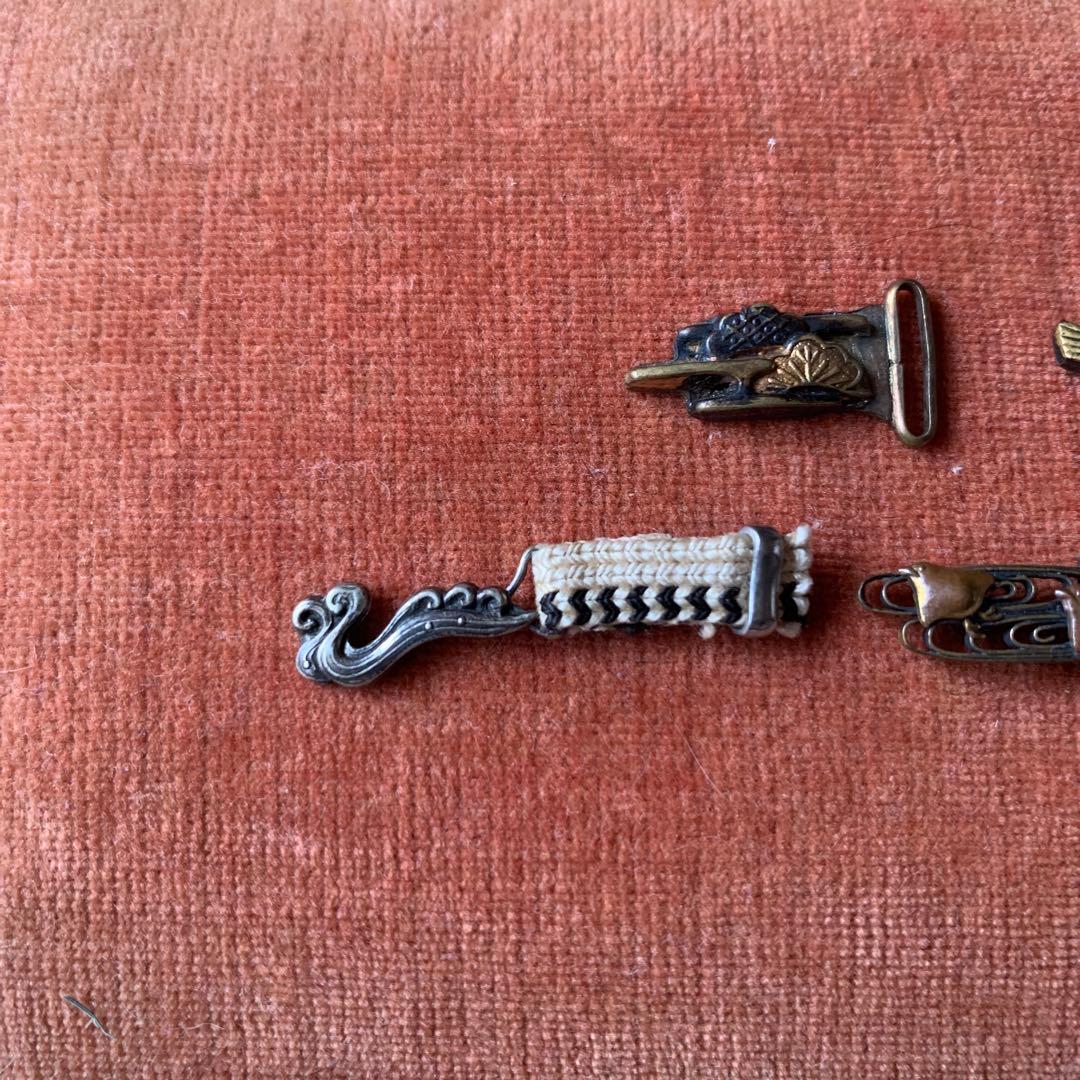 アンティーク 金工 帯留め 前金具 千鳥 ふくら雀 松 富士山 波
