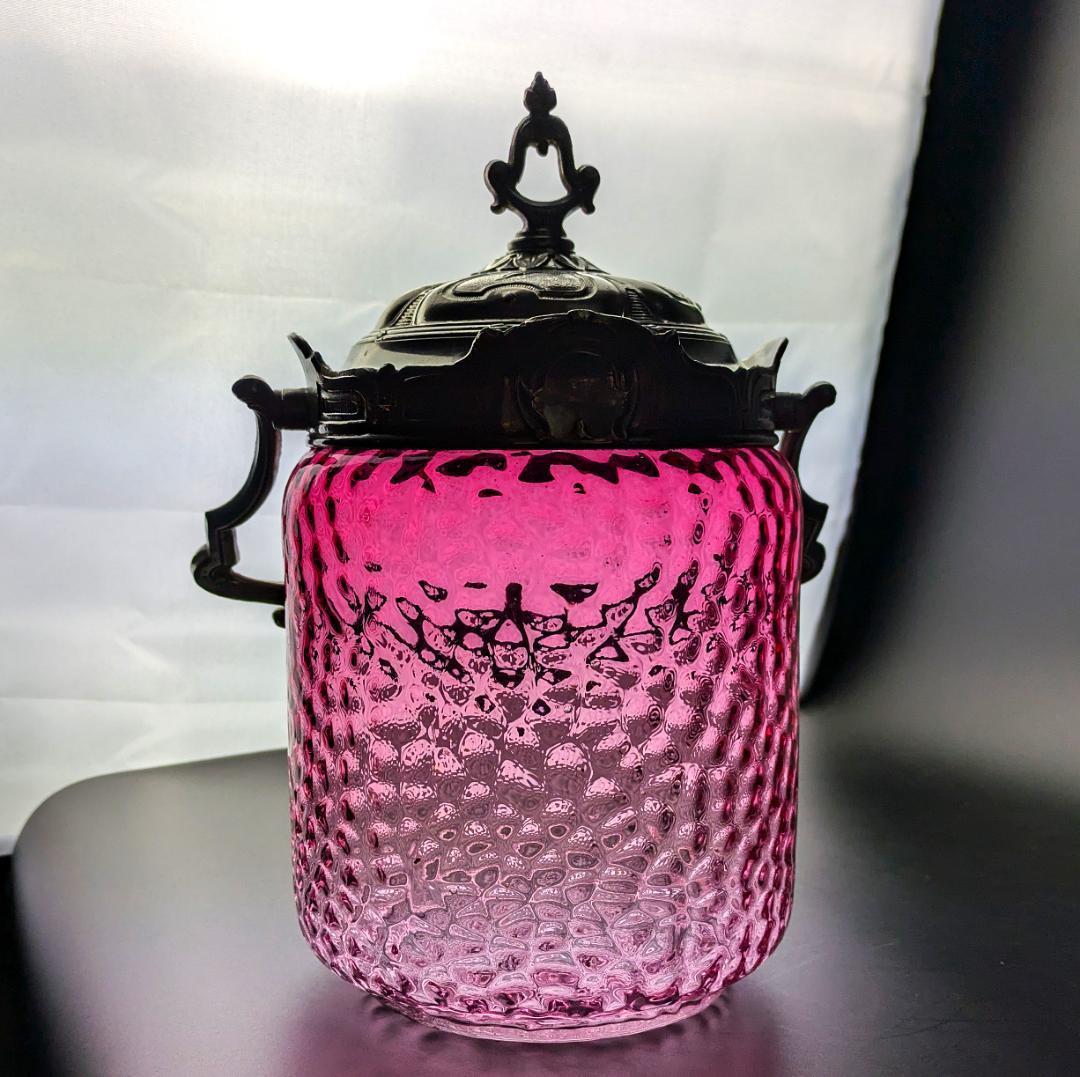 大型24㎝！仏アンティーク オルモル技法ガラス ルージュ クッキージャー