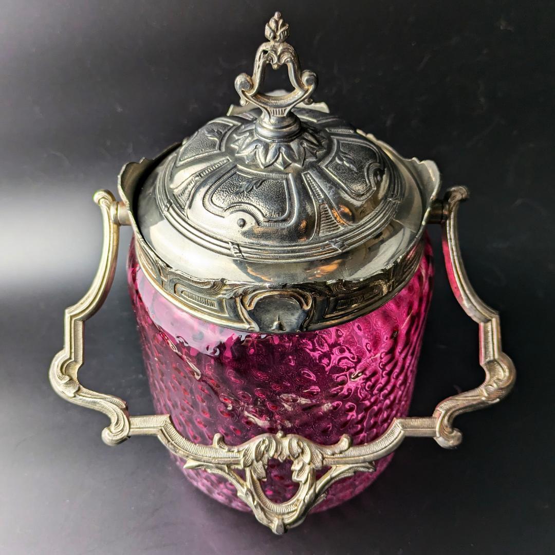 大型24㎝！仏アンティーク オルモル技法ガラス ルージュ クッキージャー