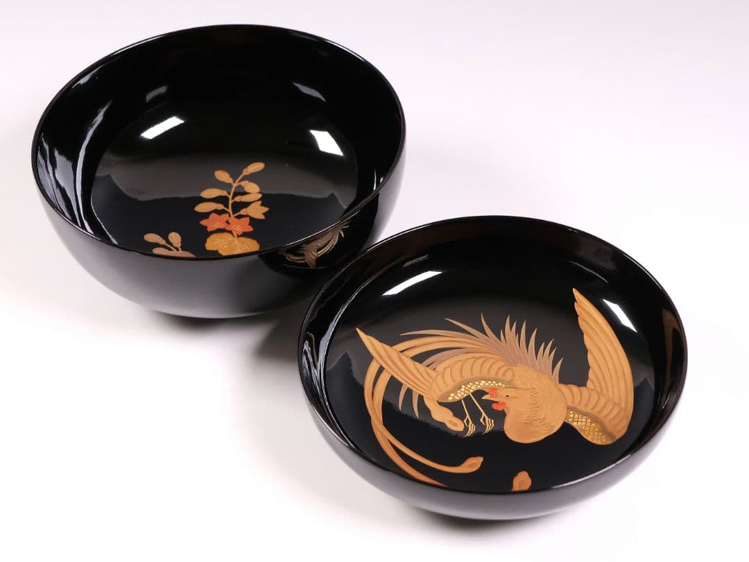 【CM399】天然木漆塗 菊桐鳳凰金蒔絵 黒塗 煮物椀 1客 昭和期 木製漆器