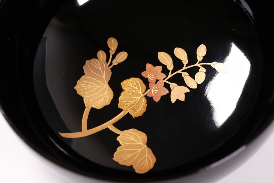 【CM399】天然木漆塗 菊桐鳳凰金蒔絵 黒塗 煮物椀 1客 昭和期 木製漆器