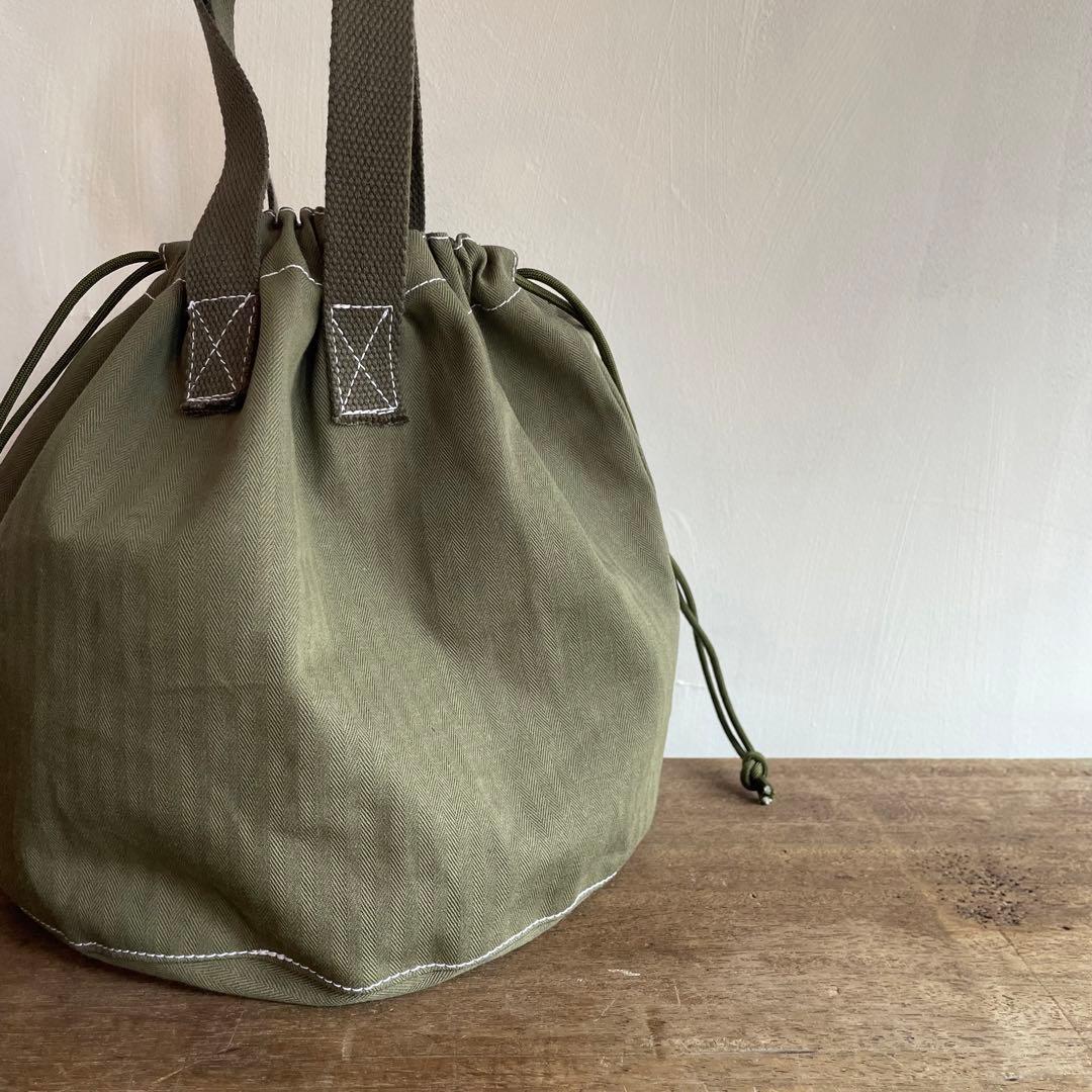 【巾着トートバッグ】ヘリンボーンツイル　ミリタリーカーキ　USARMY