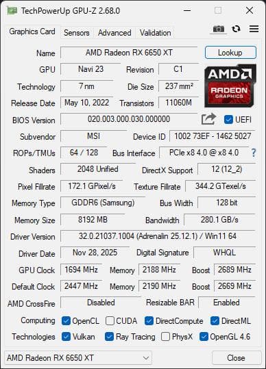 グラフィックボード・グラボ・ビデオカード Radeon RX 6650 XT MECH 2X 8G OC