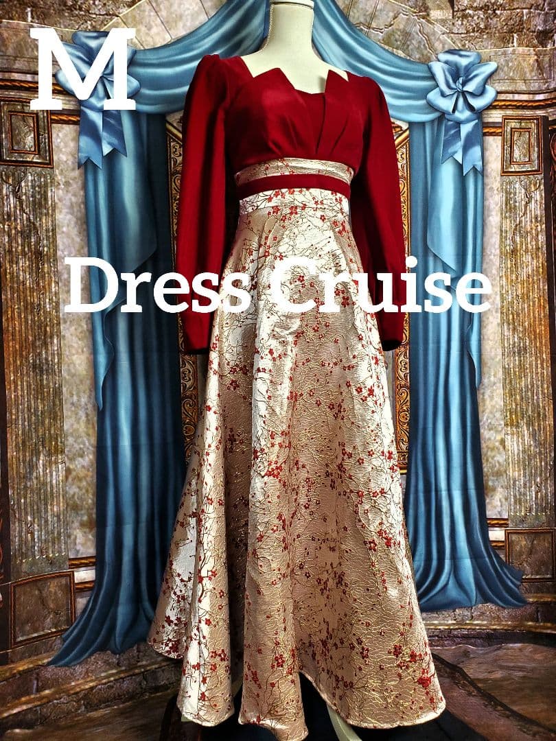 M【新品インポートセレクト】ベロアゴールドジャガードスクエアネック長袖秋冬ドレス