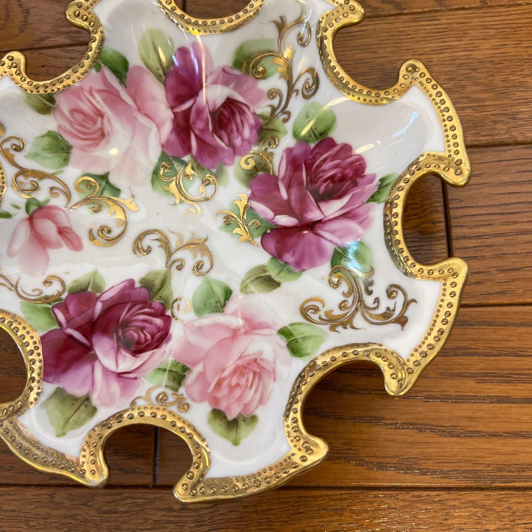 期間限定最終処分特価オールドノリタケメープル裏印変形ボール　金点盛り薔薇の絵の美