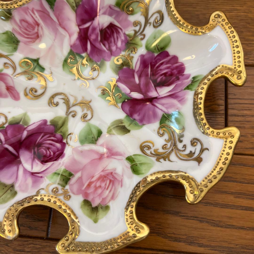 期間限定最終処分特価オールドノリタケメープル裏印変形ボール　金点盛り薔薇の絵の美