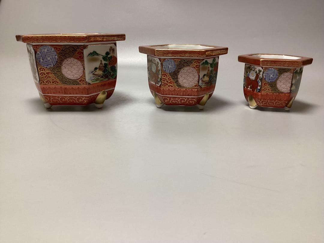 最終値下げ　九谷焼　銘　九谷正三　絵　変わり　赤絵　3点揃い　六角鉢　盆栽鉢