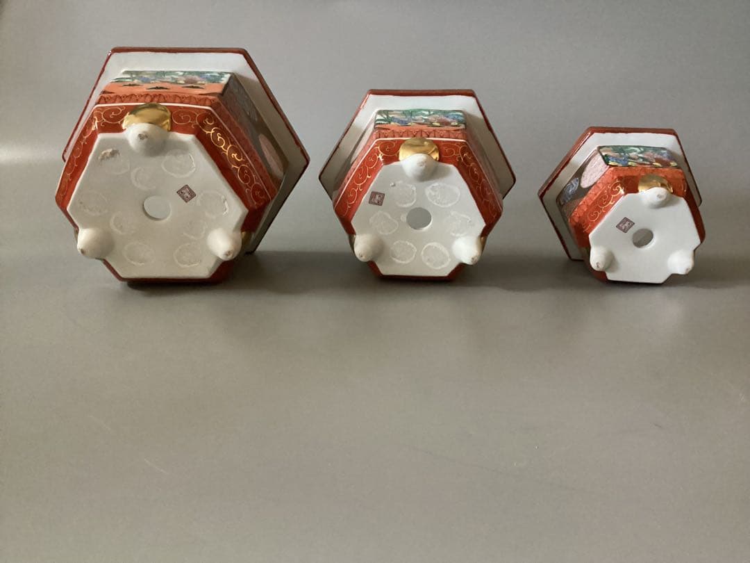 最終値下げ　九谷焼　銘　九谷正三　絵　変わり　赤絵　3点揃い　六角鉢　盆栽鉢