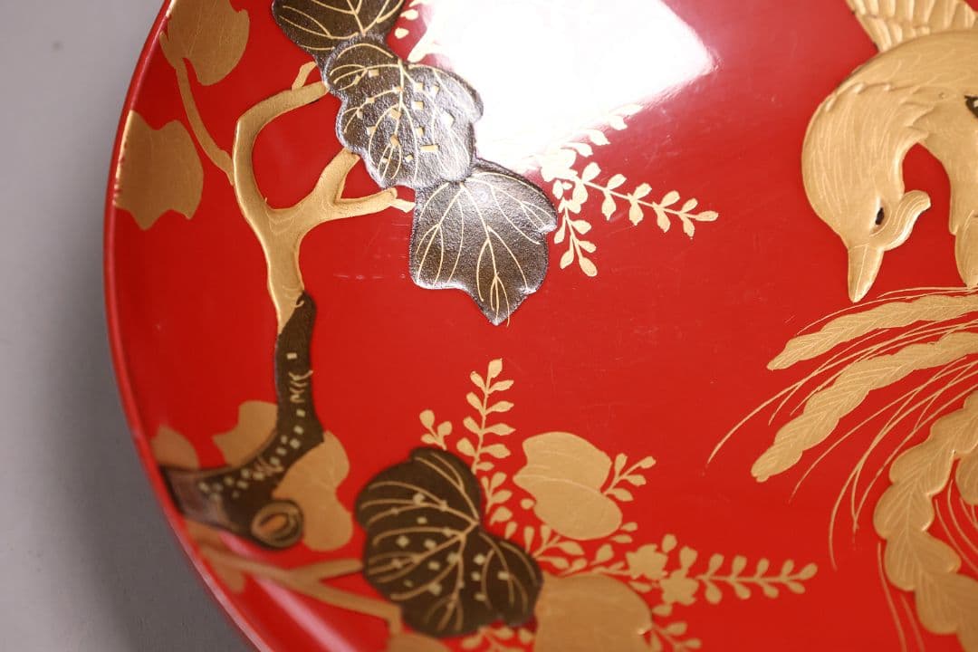 【CM244】時代木製漆器 桐鳳凰・菊 金蒔絵 朱塗 引盃 五客 木製漆器 小皿