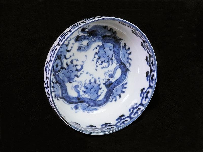 古伊万里　染付　瓔珞紋に団龍紋の図　膾皿　春寒鉢　C087AS-BOv